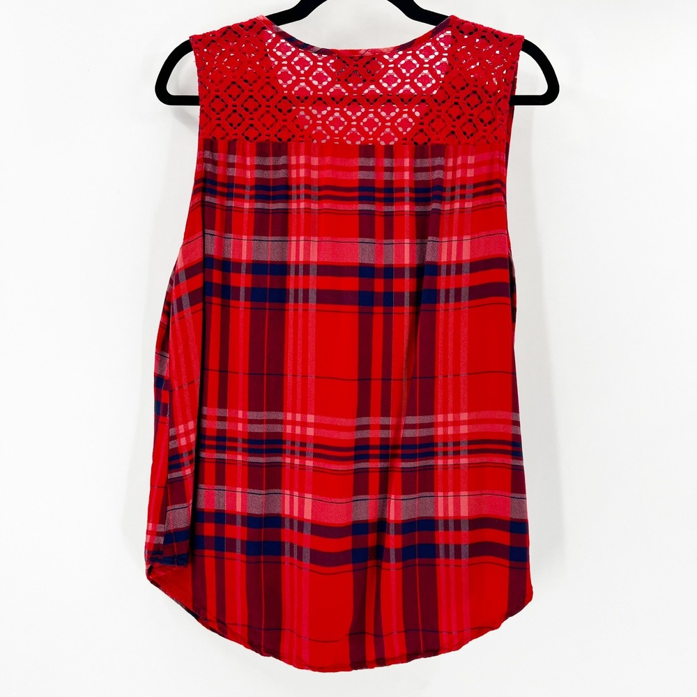 Wrangler Sleeveless Top Women XL Red Plaid Excellent Crochet Lace Tie Front Hem